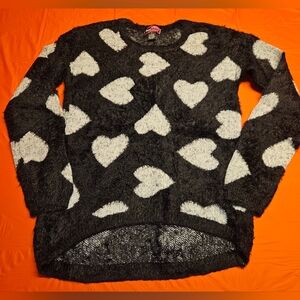 Soft Fuzzy Black w/White Hearts Acrylic Sweater by Say What Retro szM EUC